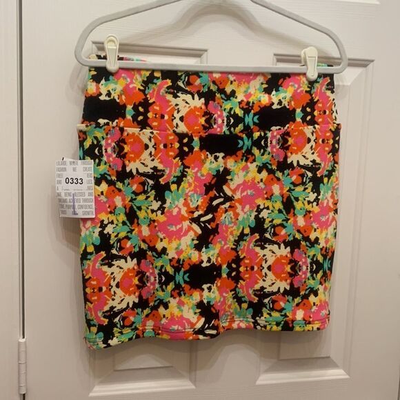 LuALaRoe Cassie Size Large Pink Yellow Black Blue Orange Stretch MIDI Skirt New - Picture 3 of 8